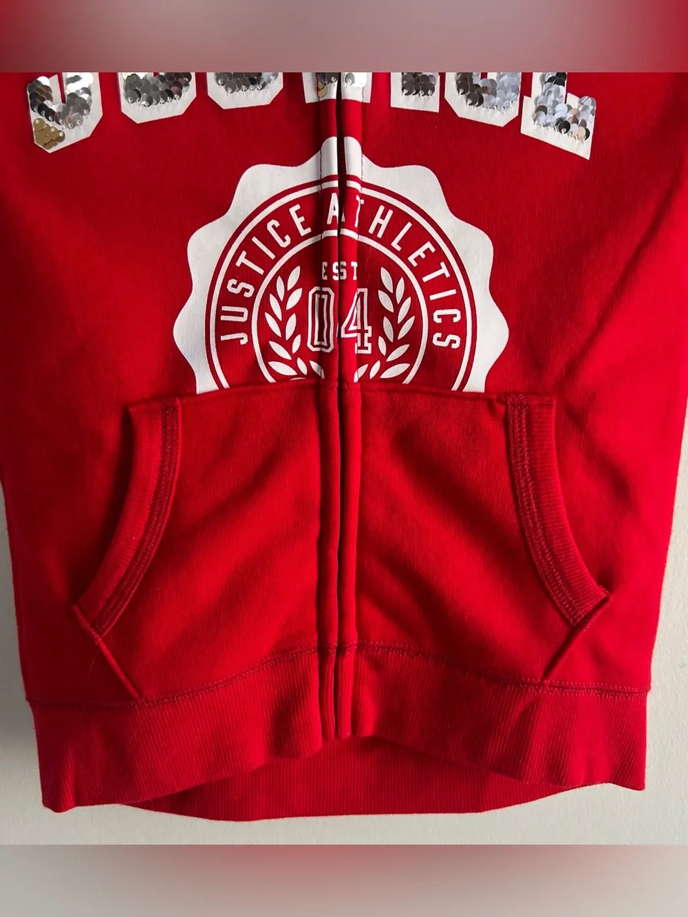 Justice Active Girls Size 8 Hoodie Jacket Red Faux Fur Hood Full Zip Sequins
